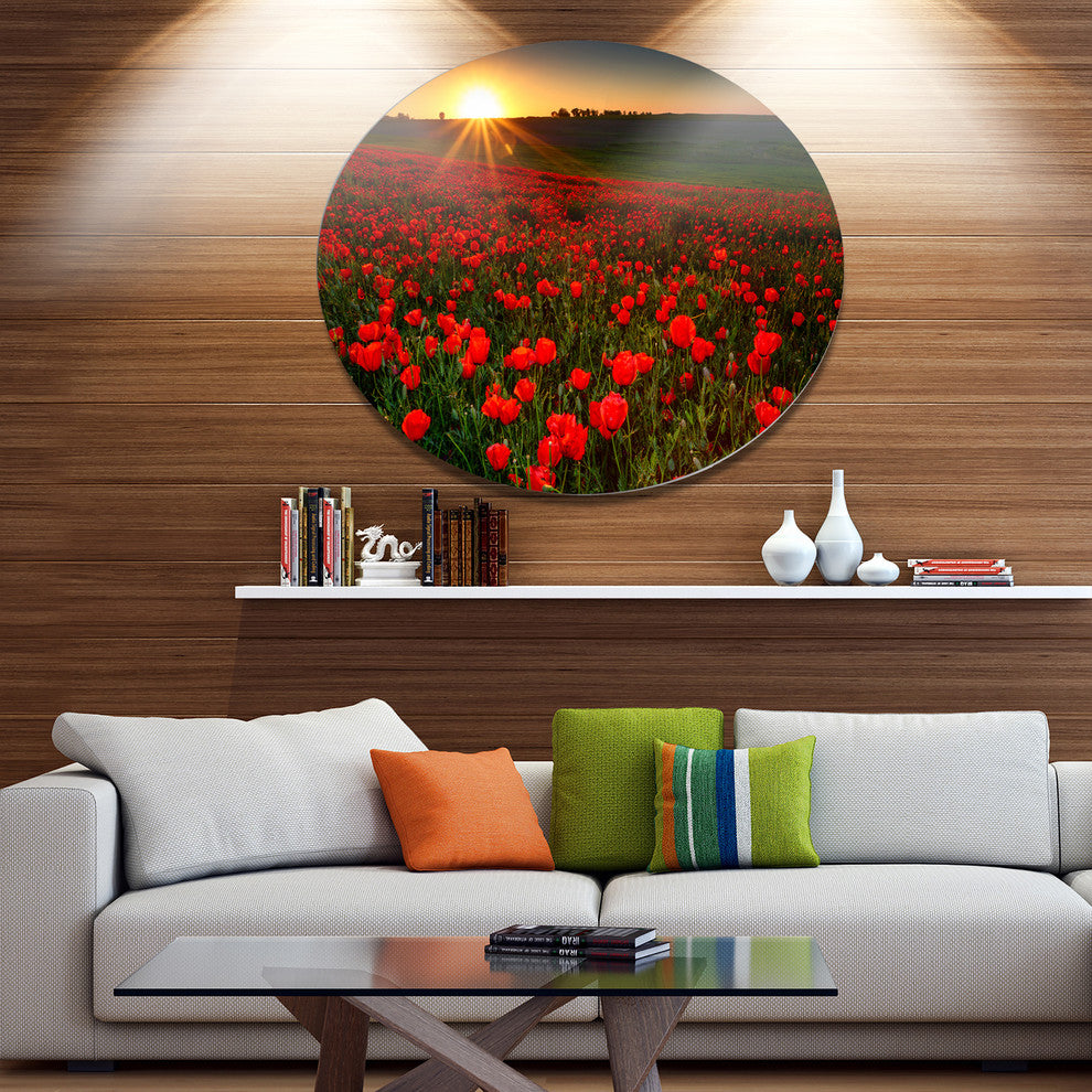 Sunset Over Garden With Red Poppies, Floral Disc Metal Wall Art, 23"
