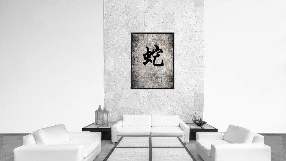 Snake Chinese Zodiac Character Print on Canvas with Picture Frame, 22"x29"