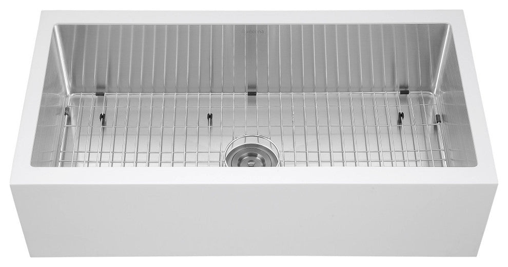 Ancona 36" Single Bowl Farmhouse Apron Kitchen Sink, White and Stainless Steel