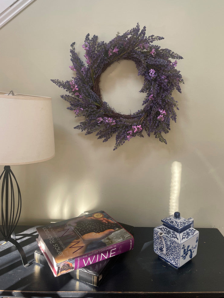 22" Heather Wreath With Purple Flowers On Natural Twig Base