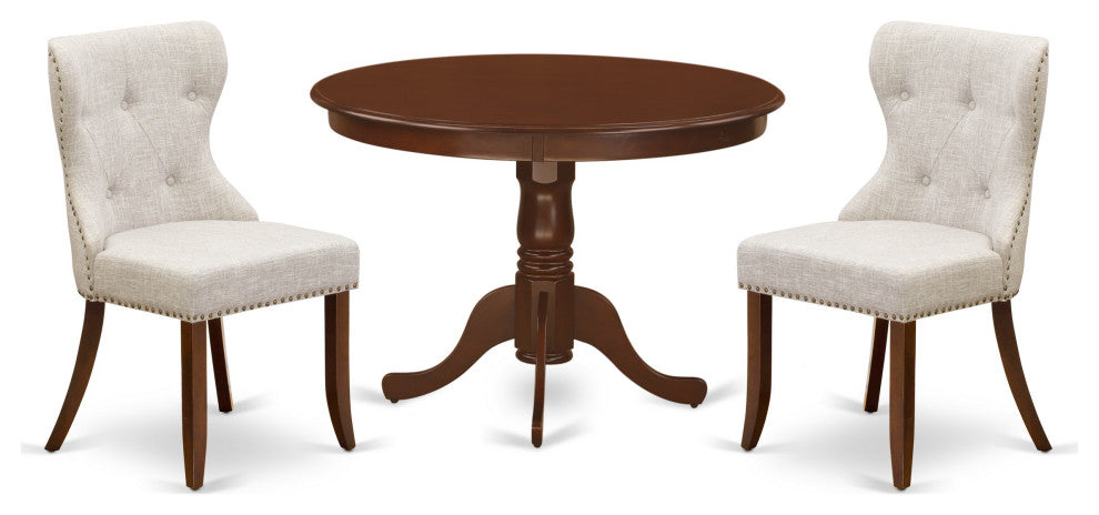 A Dining Set Of Two Parson Chairs, 42"Antique Wooden Table, Mahogany