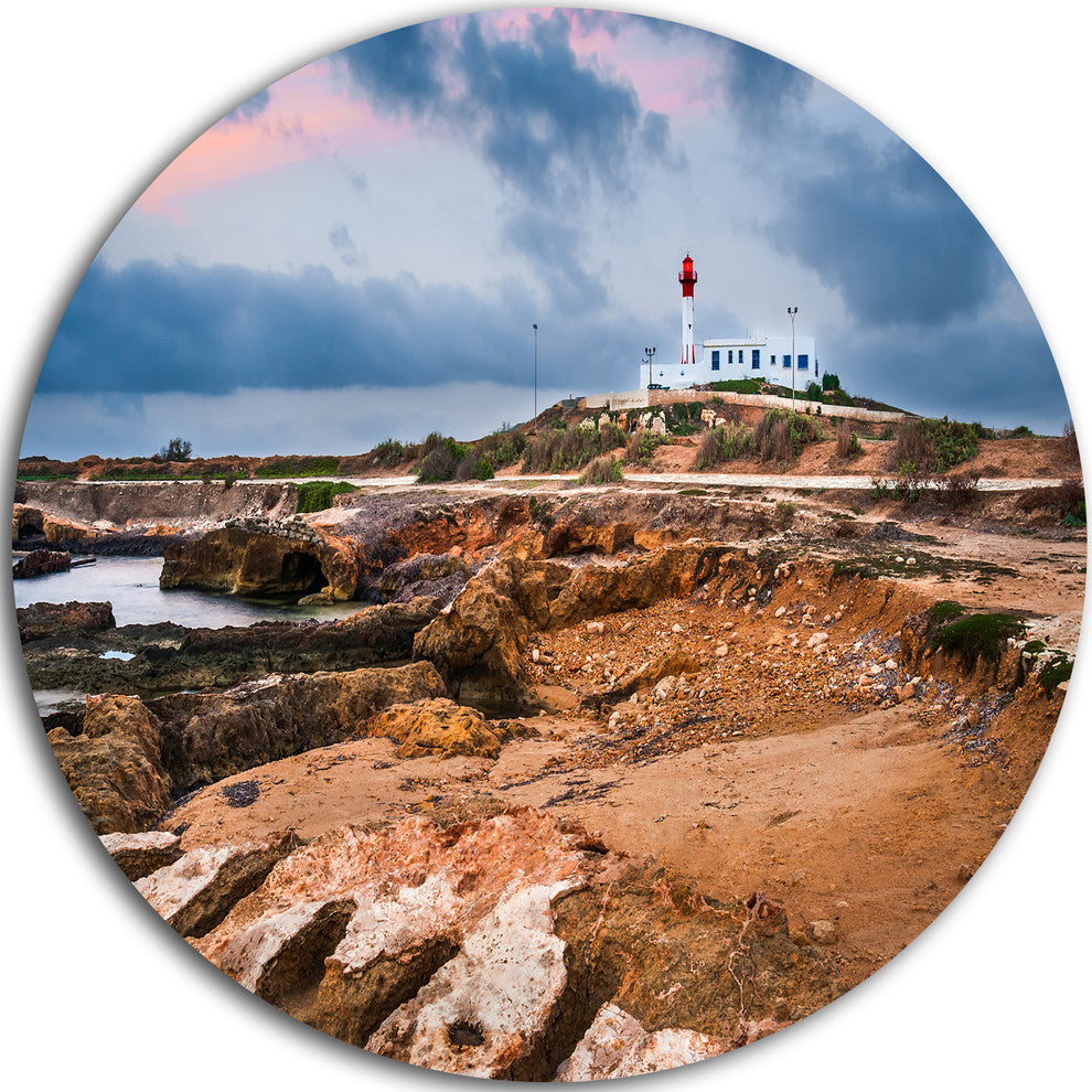 Remote Lighthouse On The Rocks, Landscape Round Metal Wall Art, 36"