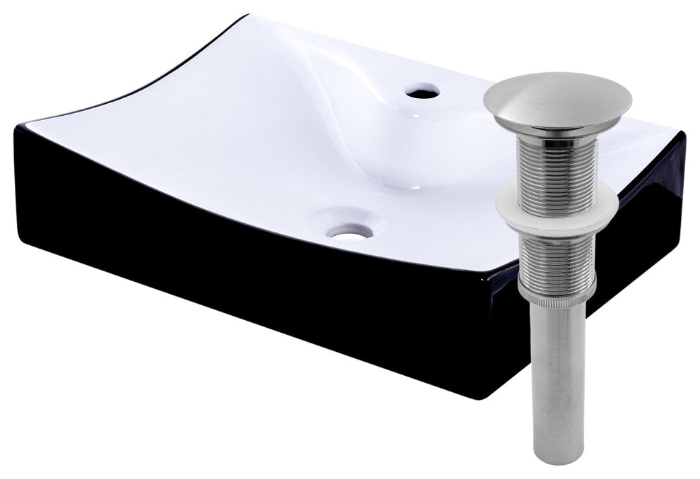 Black and White Porcelain Vessel Sink With Faucet Hole with Drain, Brushed Nickel