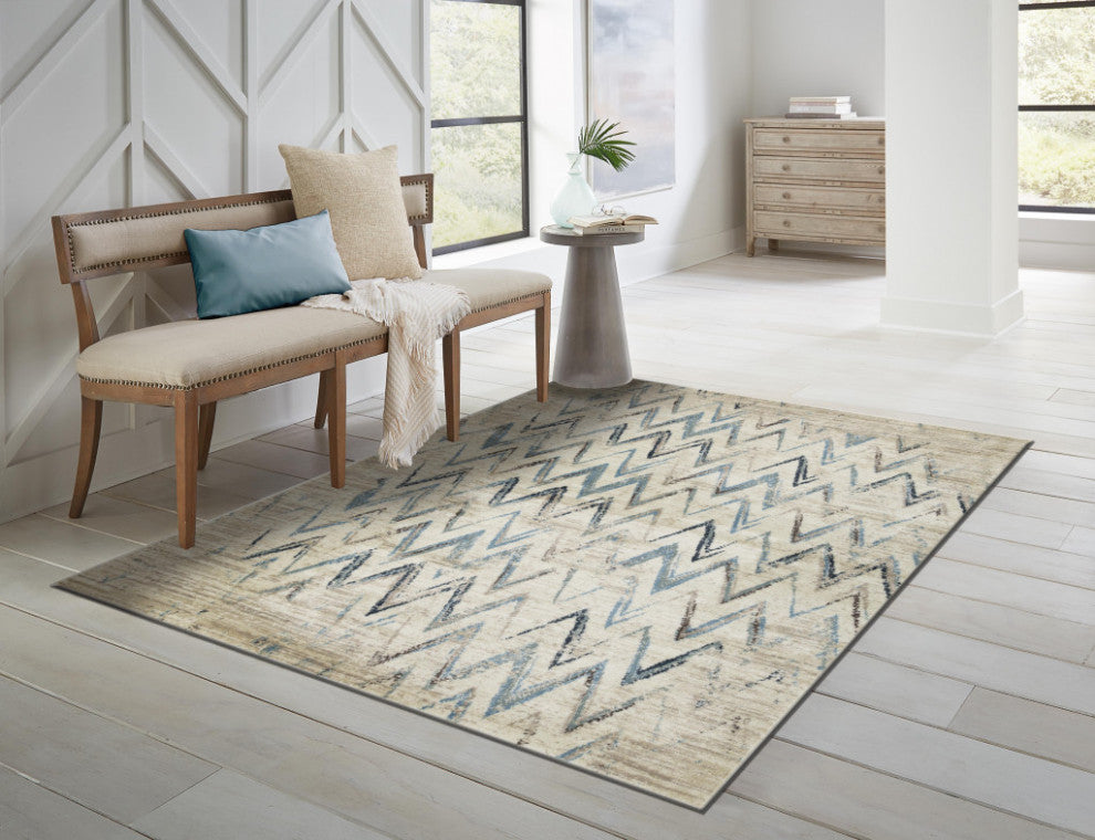 8"x11" Beige Blue Distressed Chevron Area Rug
