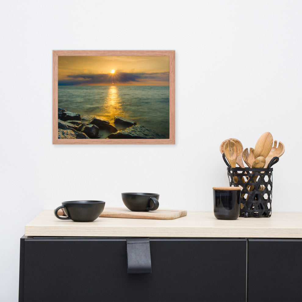 Sun Ray on the Water Coastal Landscape Framed Photo Paper Wall Art Print, White, 12" X 16"