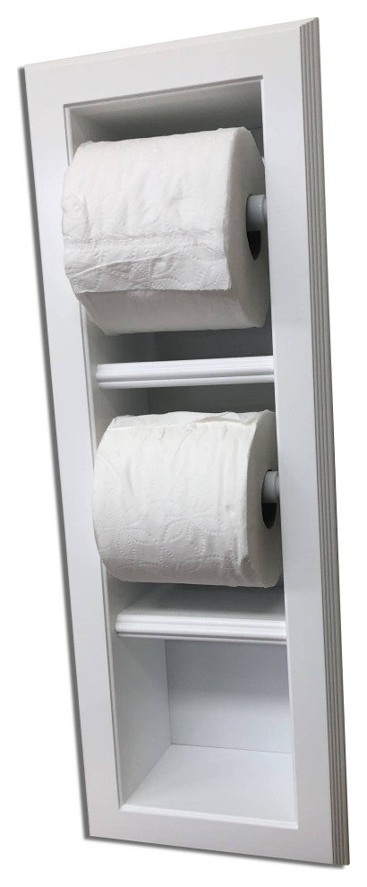 Hyacinth Wood Recessed Double Toilet Paper Holder With Storage 7x22.25, White Enamel