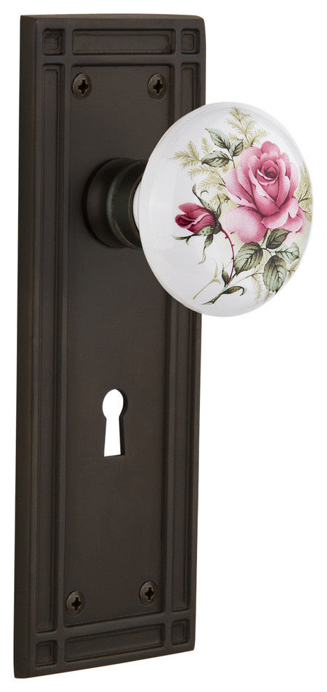 Single Mission Plate With Rose Porcelain Knob, Oil-Rubbed Bronze