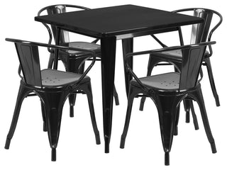 Commercial Grade 31.5" Square Black Metal Indoor-Outdoor Table Set, 4 Arm Chairs