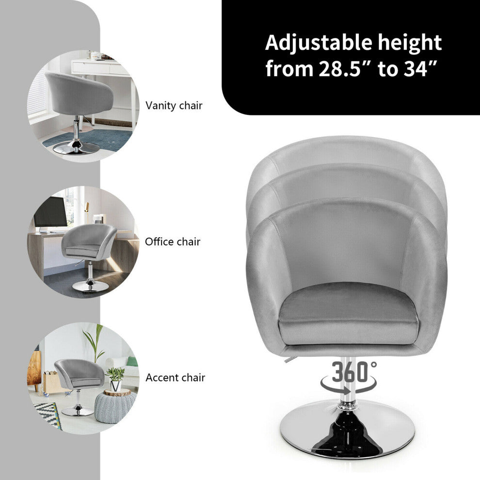Costway Modern Velvet Chair Height Adjustable Bar Stool Swivel Makeup Seat Grey