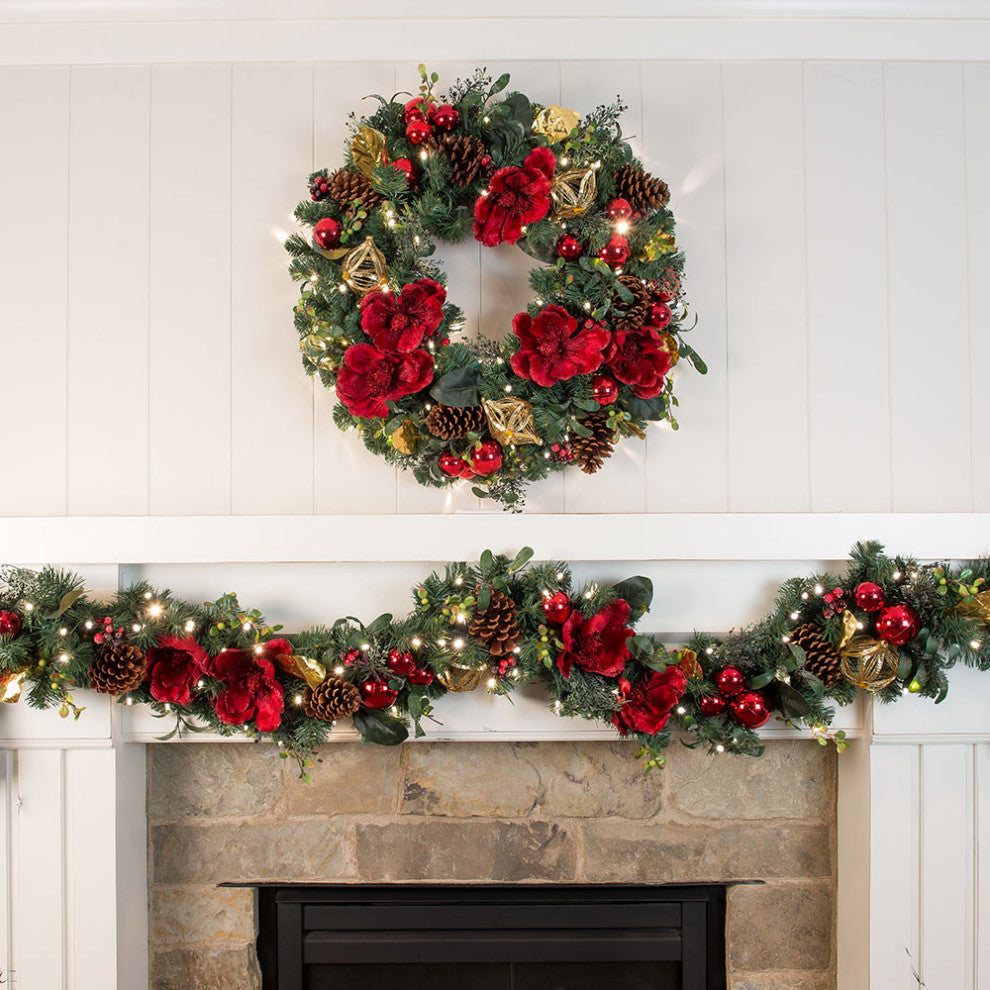 9' Artificial Christmas Garland With Lights Red Magnolia
