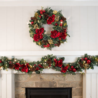 9' Artificial Christmas Garland With Lights Red Magnolia