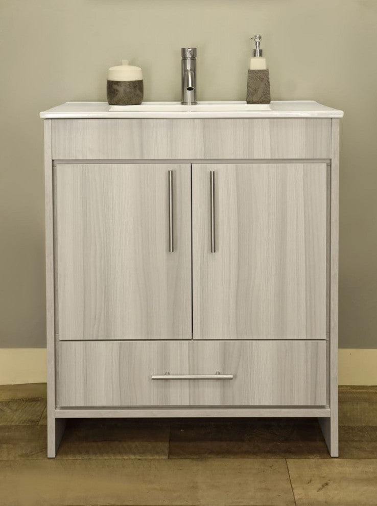 Pacific 30" Vanity With Integrated Ceramic Top and Brushed Nickel Handles, Ash G