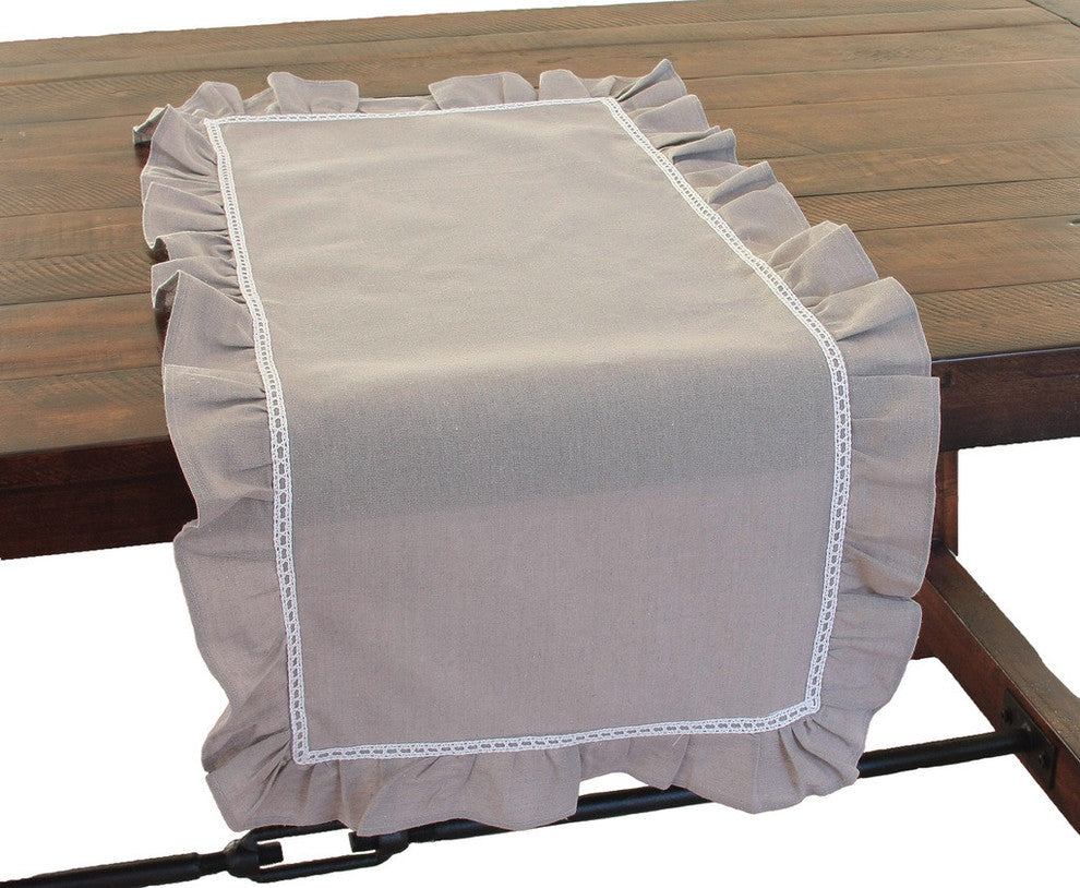 Ruffle Trim Taupe with White Lace Table Runner, 16"x36"