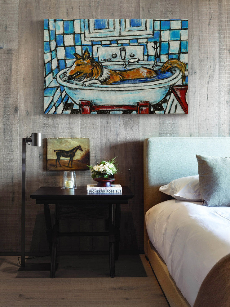"Sheltie Bath" Painting Print on Wrapped Canvas, 18"x12"