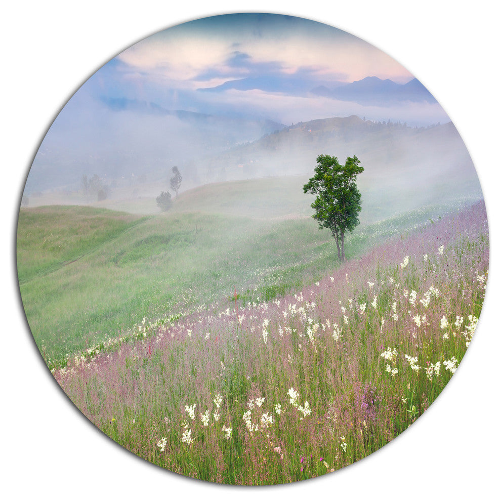 Foggy Summer Morning In Mountains, Landscape Art Round Wall Art, 11"