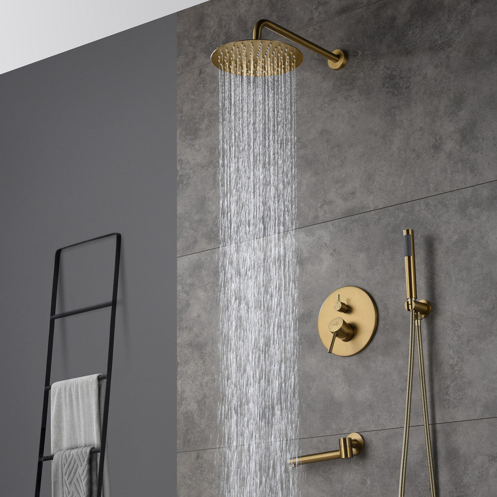 CASAINC 10" Round Wall Mounted Shower System Set Handheld Spray & Bathtub Spout, Brushed Gold