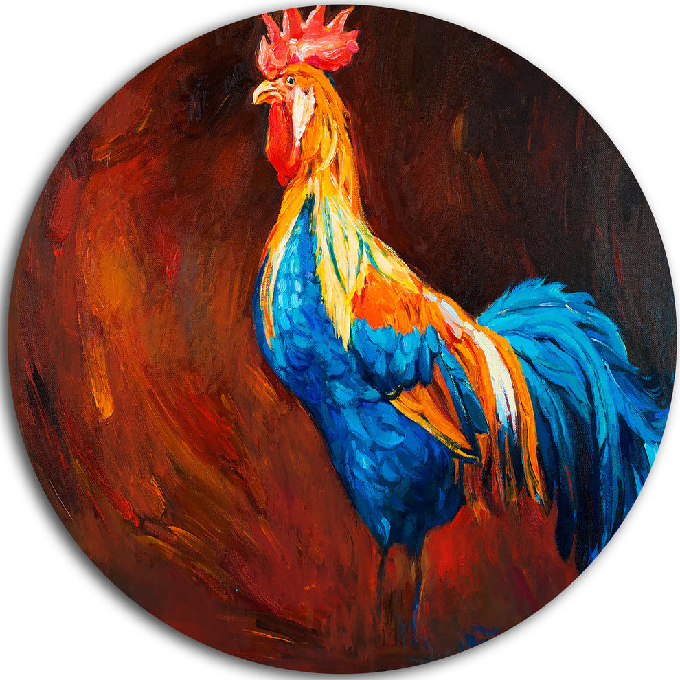 Blue And Orange Rooster, Animal Round Metal Wall Art, 11"