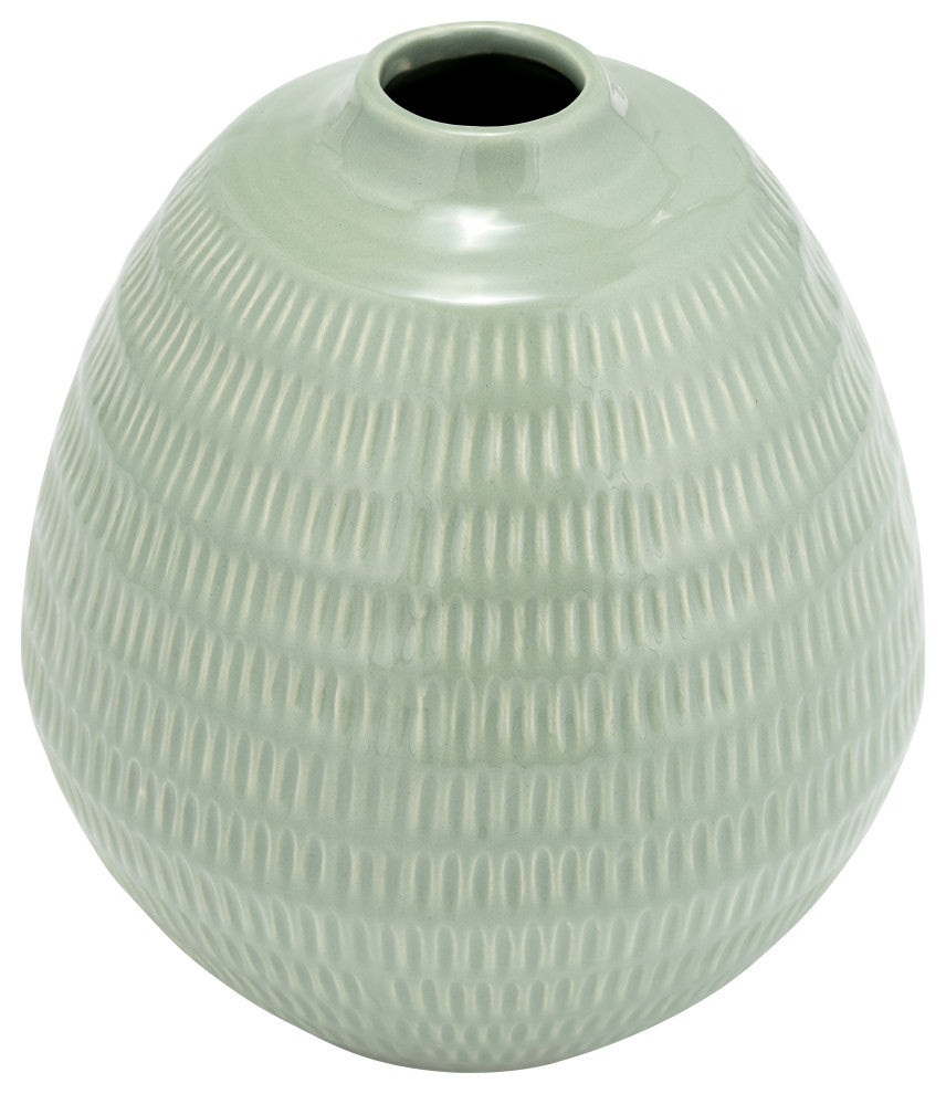 Ceramic 7", Stripe Oval Vase, Dark Sage