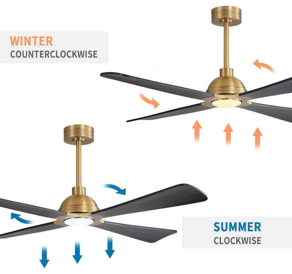 56" 4-Blade Solid Wood Ceiling Fan With LED Light and Remote Control, Gold/Black