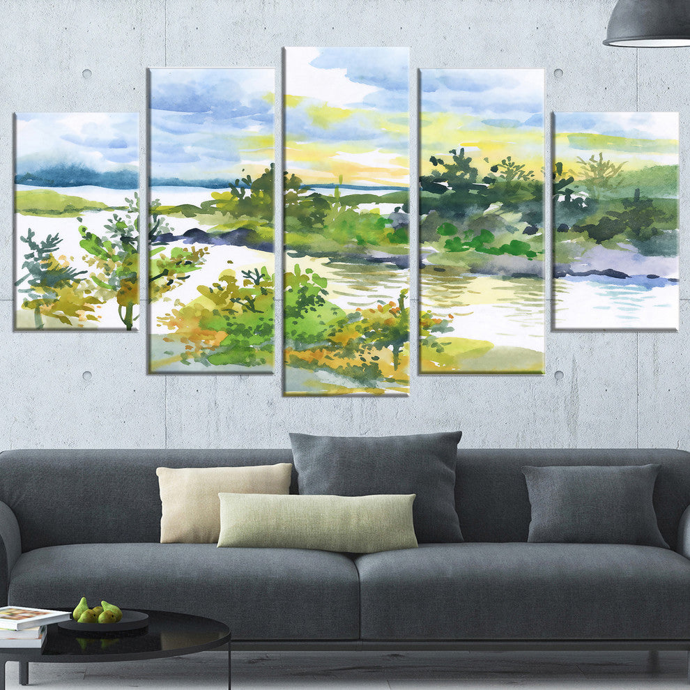 "Autumn Forest And Lake Watercolor" Landscape Wall Wall Art, 5 Panels, 60"x32"