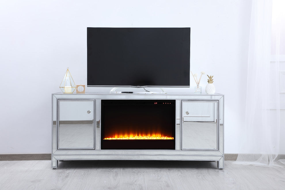 60" Mirrored TV Stand, Crystal Design Fireplace Insert