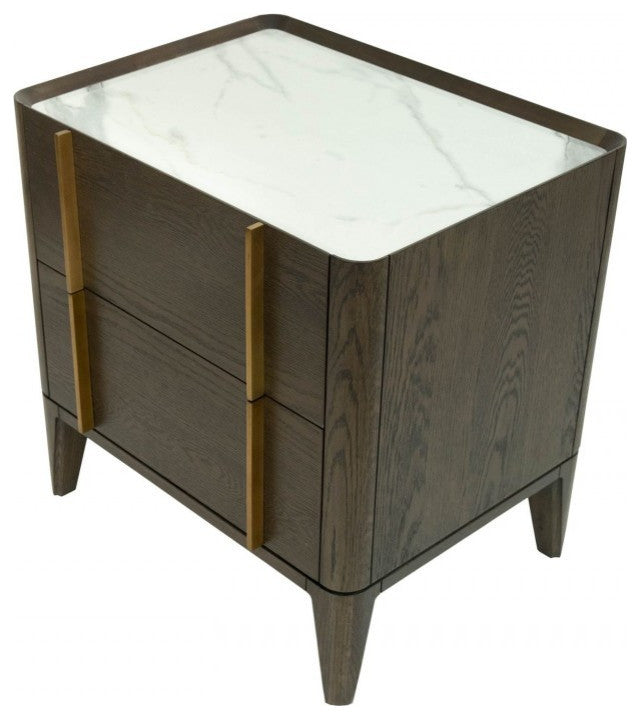 Mid Century Dark Brown and White Faux Marble With Two Drawers