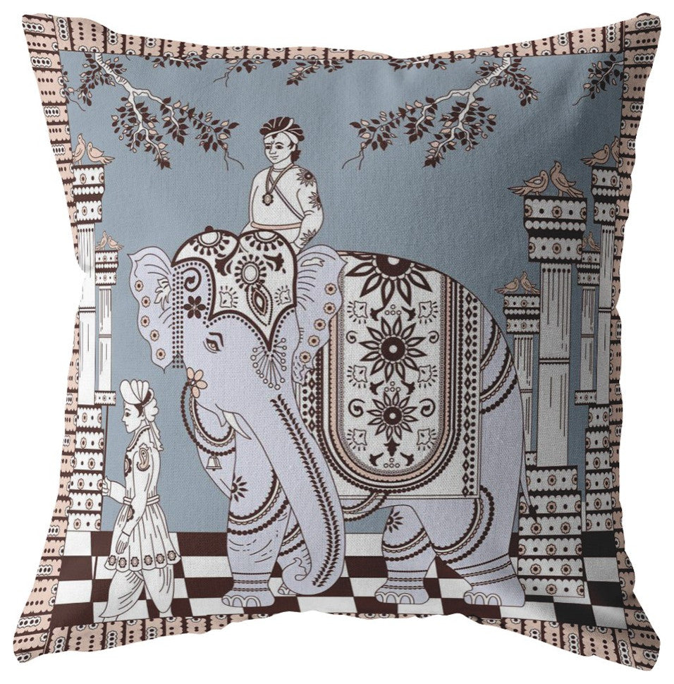 16" Blue Brown Ornate Elephant Zippered Suede Throw Pillow