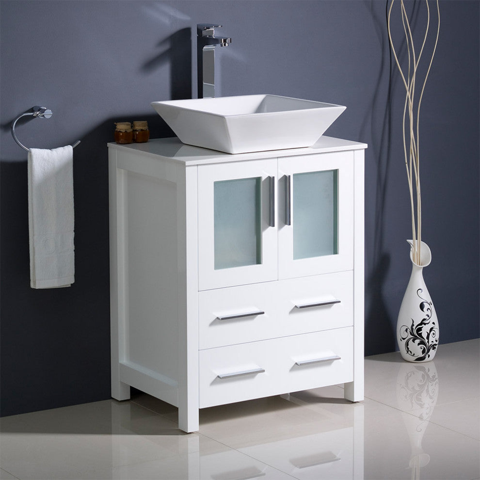 Torino 24" Bathroom Cabinet, Base: White, With Top, Vessel Sink