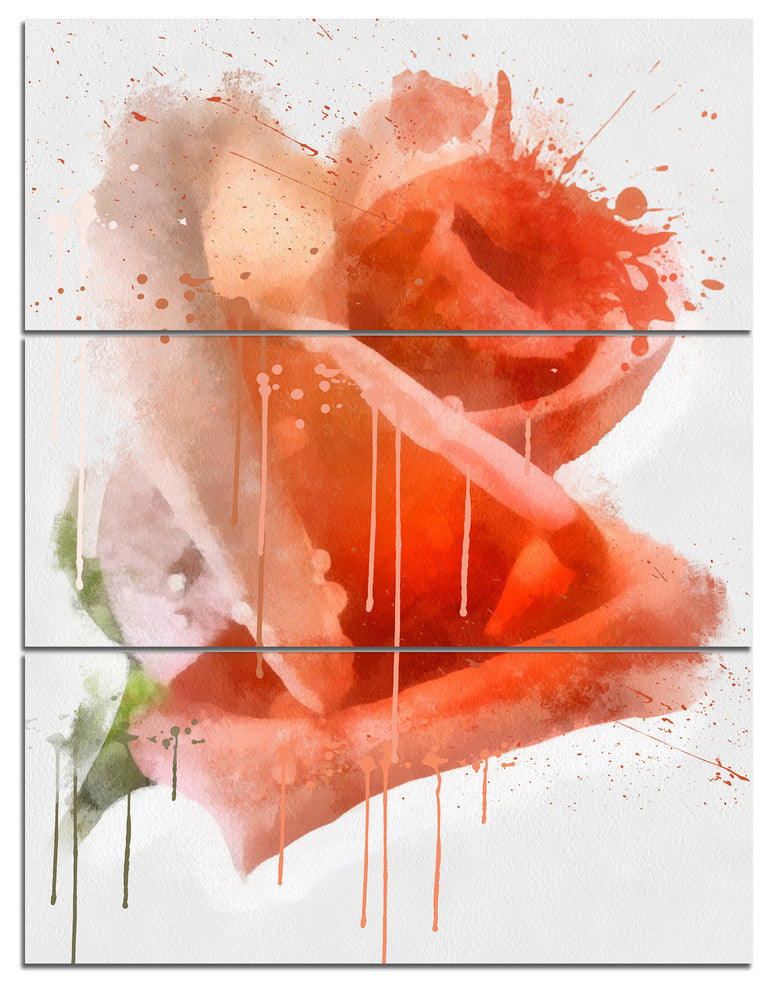 Red Rose Painting with Splashes, Floral Triptych Canvas Print, 28x36, 3 Panels