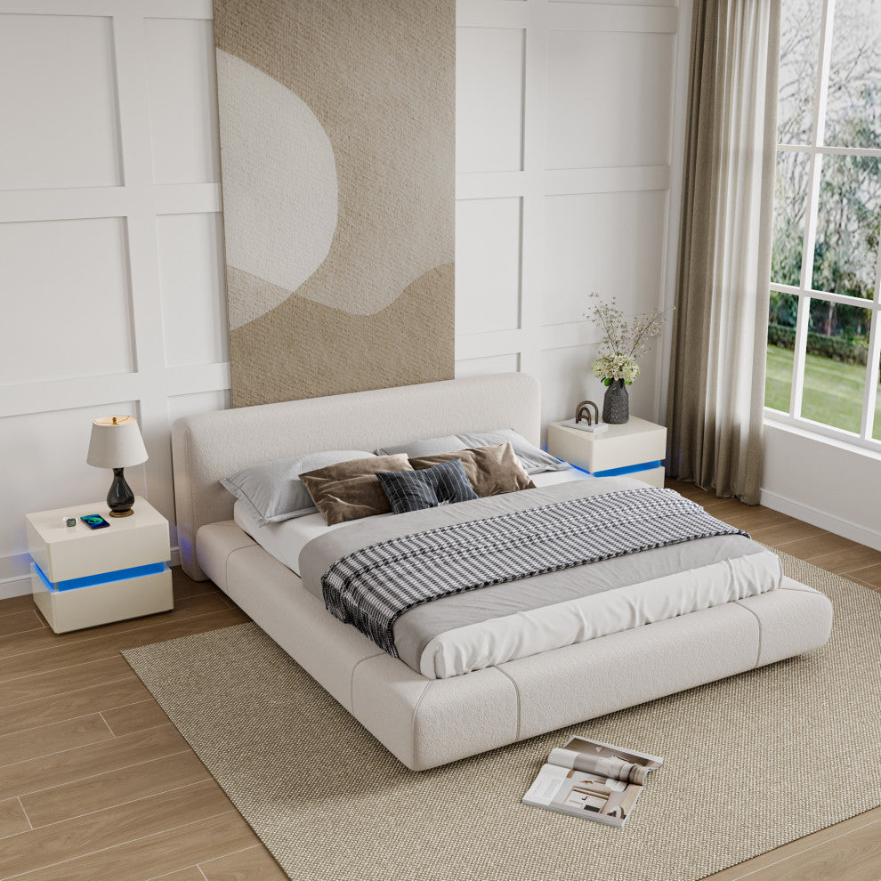 Modern Night Stand with Human Induction Atmosphere Lamp, Cream White, No Wireless Charging