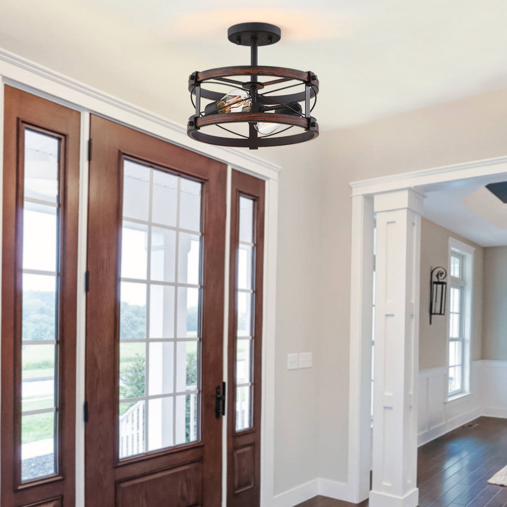 15" W 2-Light Black Vintage Rustic Semi-Flush Mount Ceiling Light