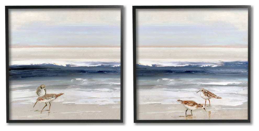 Birds On Beach Shore Ocean Waves Blue Sky Landscape, 2pc, each 12 x 12