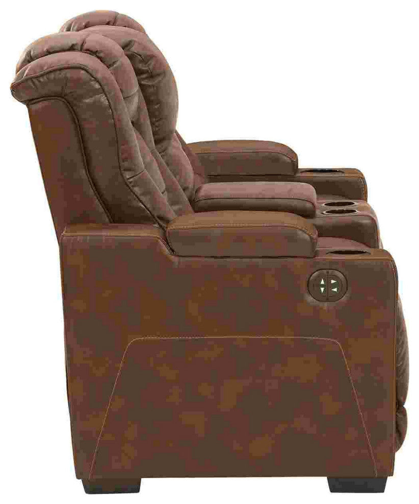 Benzara BM262327 Power Recliner Loveseat With Adjustable Storage Headrest, Brown