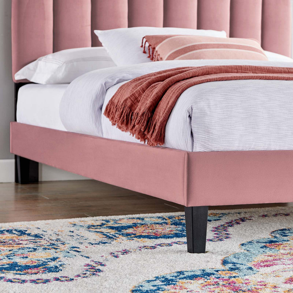 Platform Bed Frame, Queen Size, Pink, Velvet, Modern, Bedroom Guest Suite