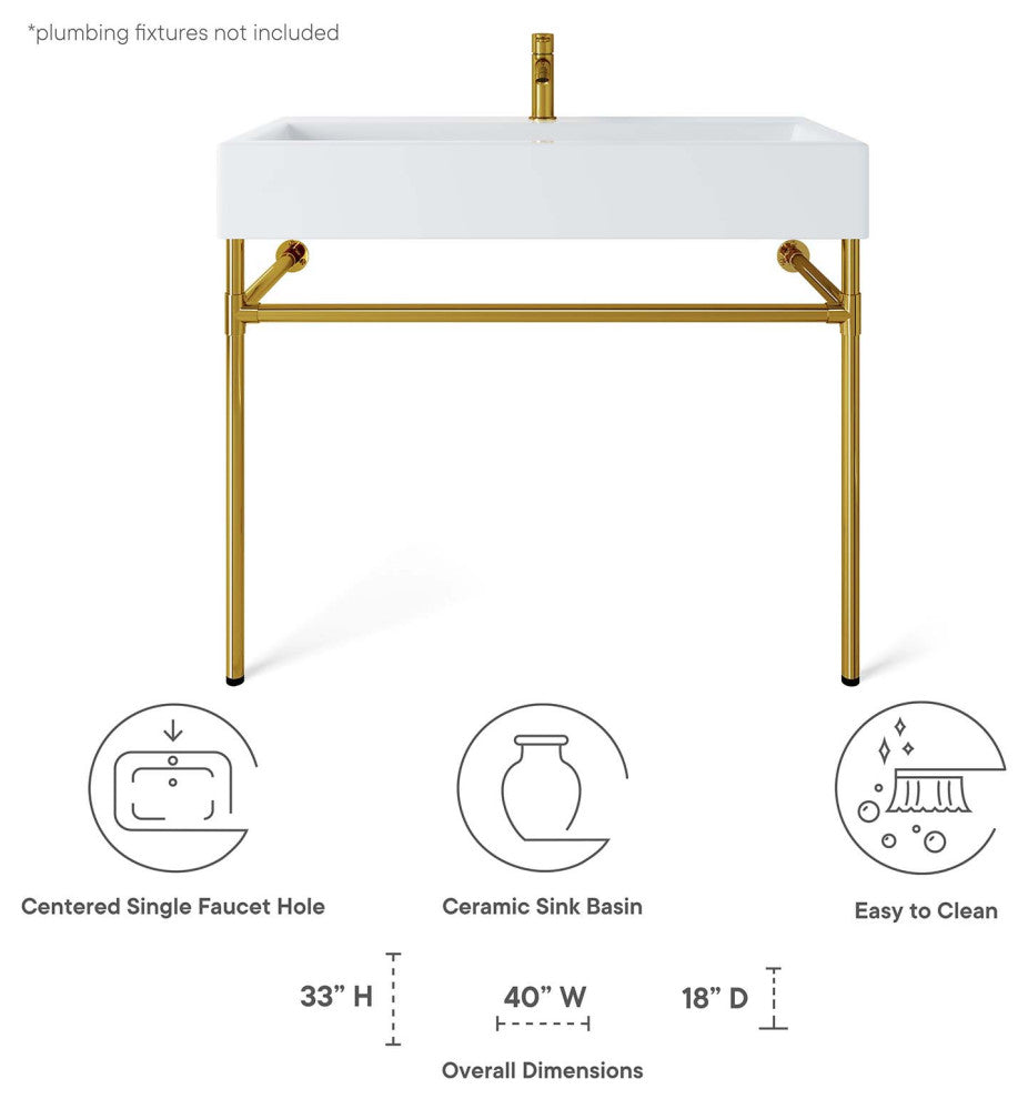 Sink Vanity, Wall Mount, White Gold, Ceramic, Stainless, Modern, Bathroom