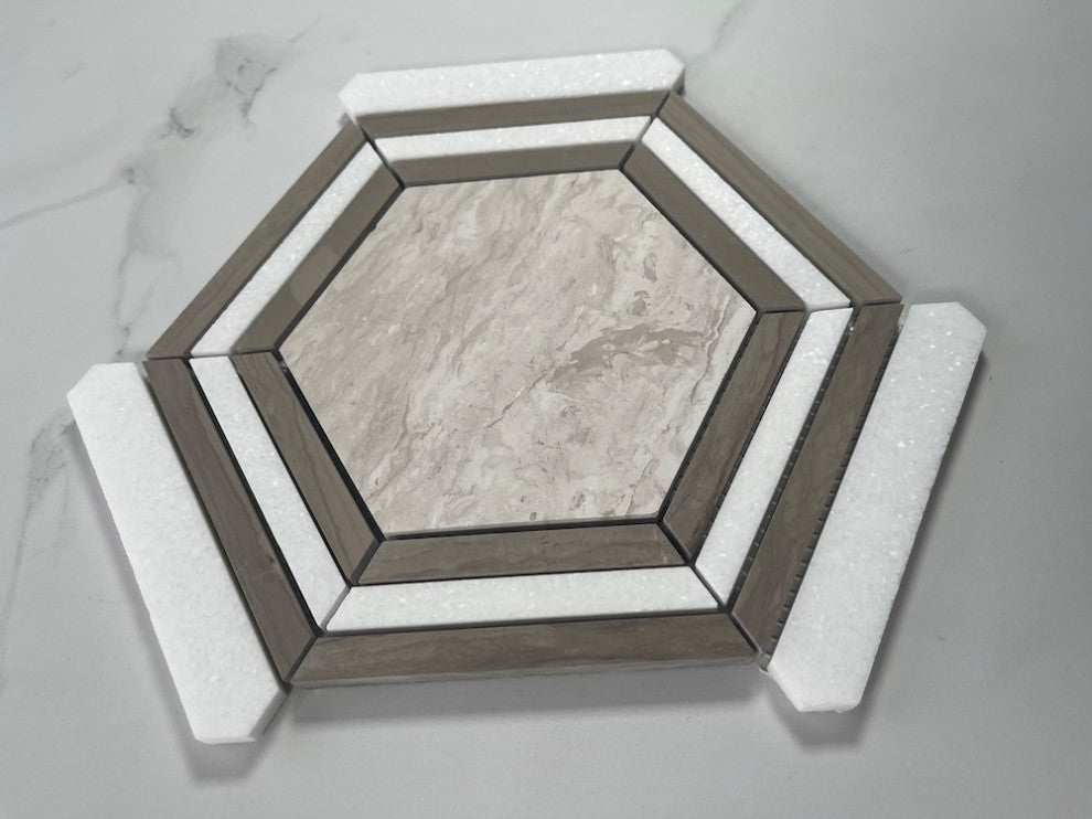 Athens Silver Cream Marble 5" Hexagon Strips Georama Geometric Tile, 1 sheet