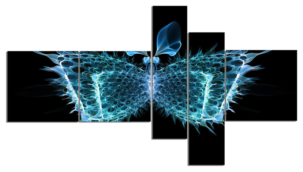Blue Fractal Butterfly in Dark, Abstract Canvas Art Print, 60"x32", 5 panels