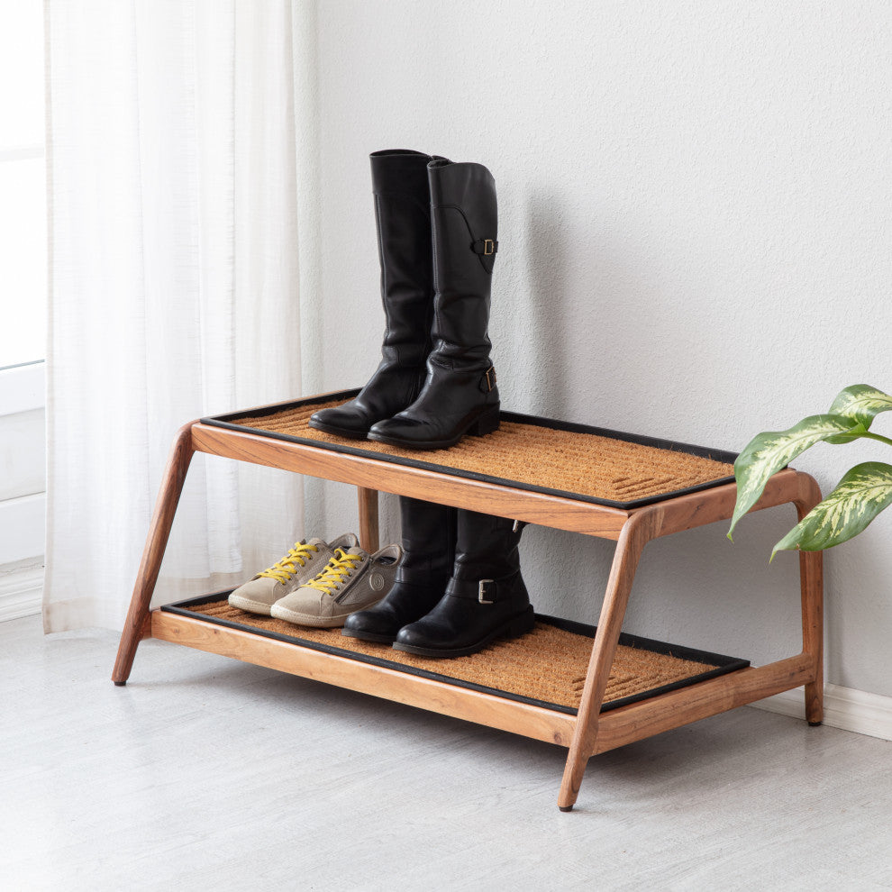 Double-Tier Natural Stand With 3-Pair Rubber Boot Trays Rectangle Ripple
