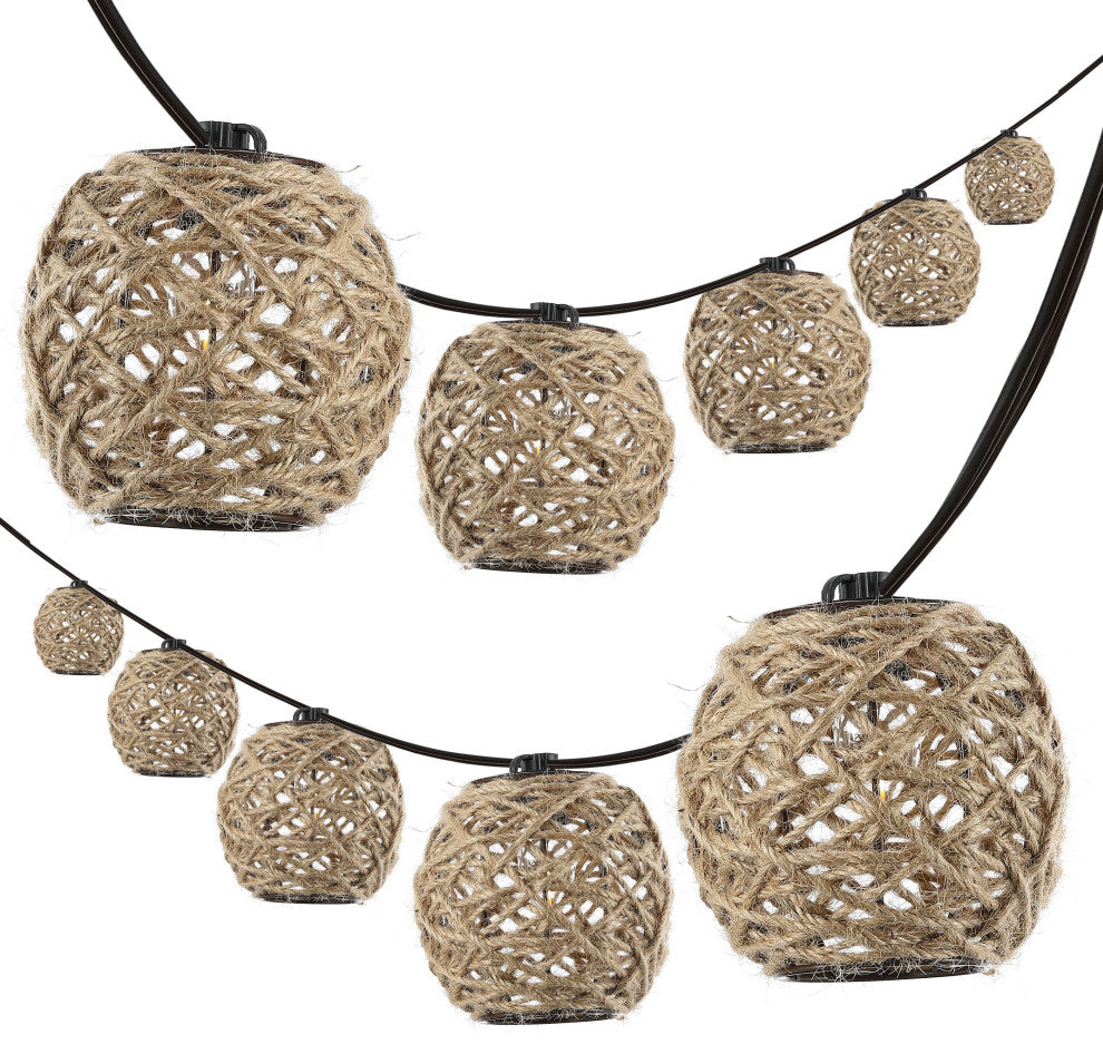 10-Light Indoor/Outdoor 10 ft C7 Globe Hemp Rope Shaded String Lights, Brown