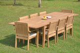 9-Piece Teak Dining Set: 122" X-Large Rectangle Table, 8 Lev Stacking Arm Chairs