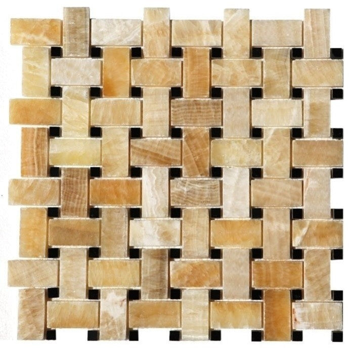 Basket Weave Black Dot Polished Tile, Honey Onyx, 30 Sq. ft., 12"x12"