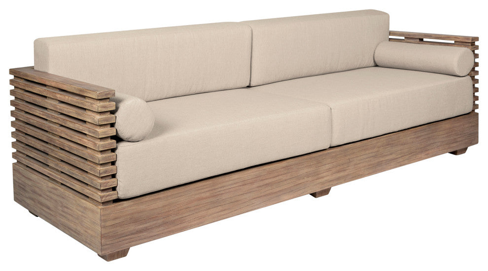 Vivid Outdoor Patio Sofa, Light Eucalyptus Wood With Taupe Olefin Cushions