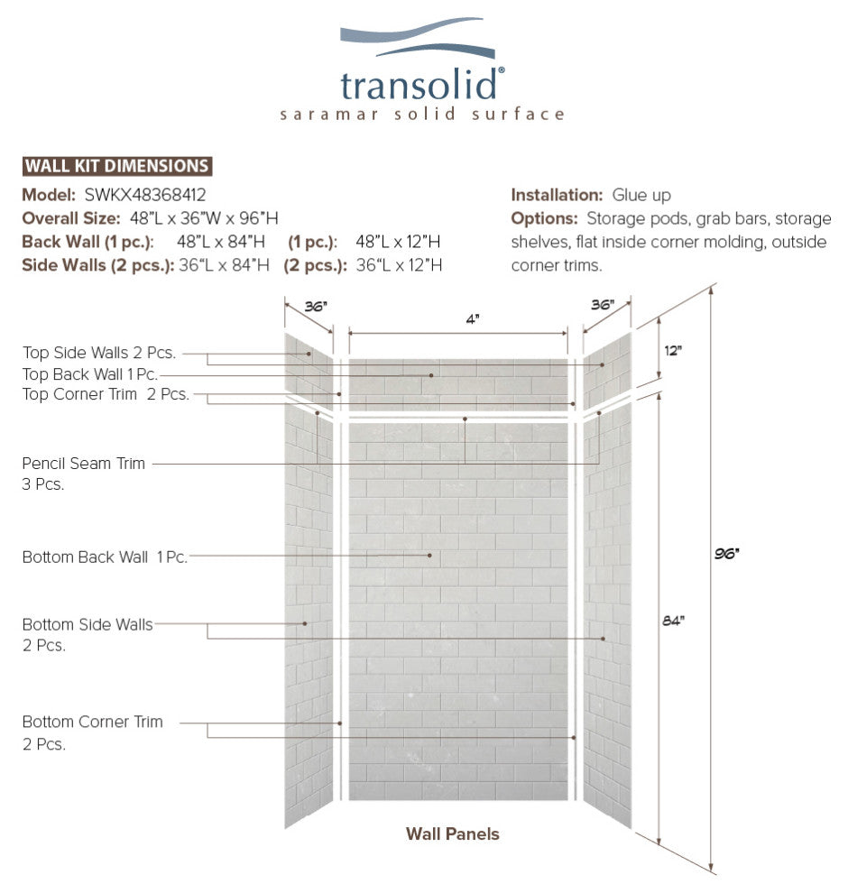 Transolid SaraMar 48"x36"x96" 6-Piece Shower Wall Kit with Extension, Lunar