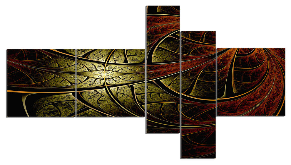 Red Yellow Metallic Fabric Flower, Abstract Print On Canvas, 60"x32", 5 panels