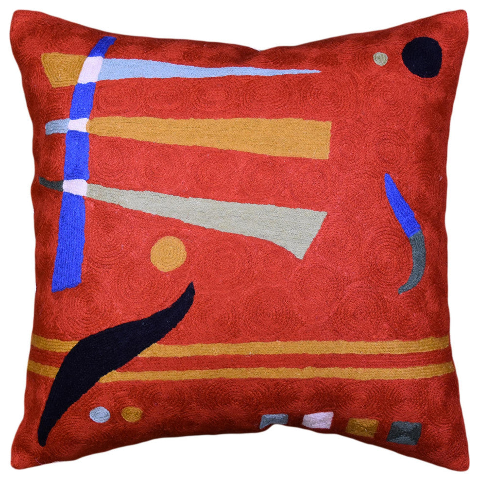 Kandinsky Orange Pillow Cover Needlepoint Accent Pillows Handmade Wool 18x18"