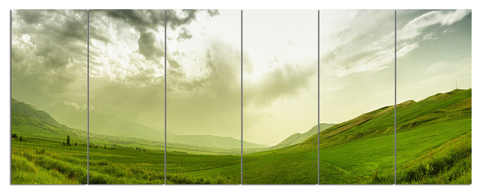 Meadow under Clouds Panorama, Landscape Canvas Art Print, 70"x28", 6 Panels