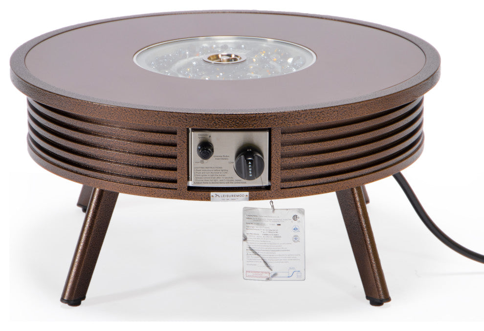 Leisuremod Walbrooke Patio Round Fire Pit Table With Aluminum Slats Frame, Brown