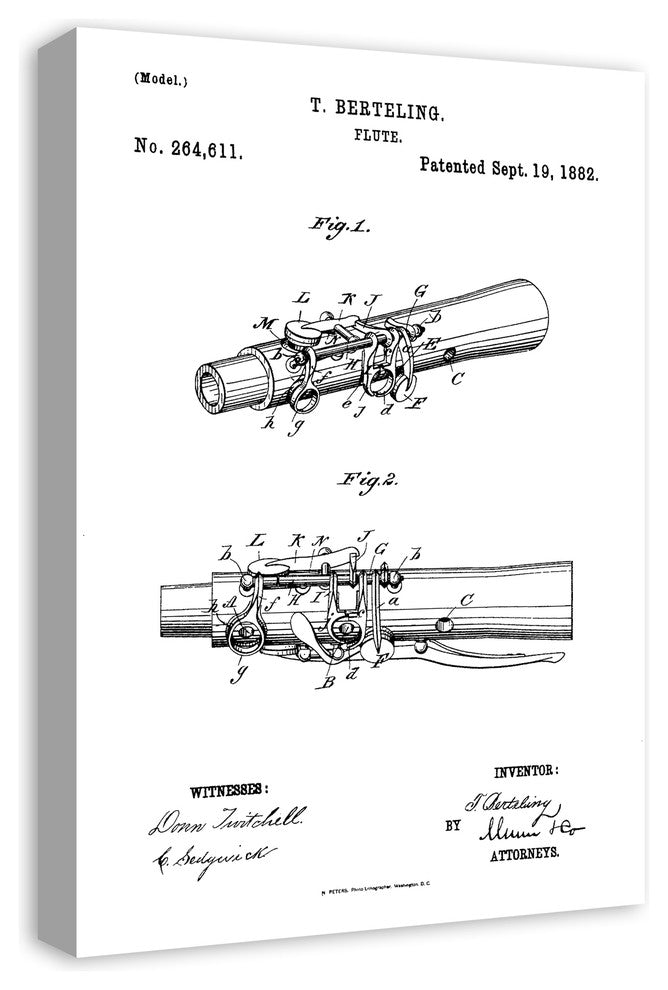 Vintage Flute Sketch Patent 16"x24" Print on Canvas