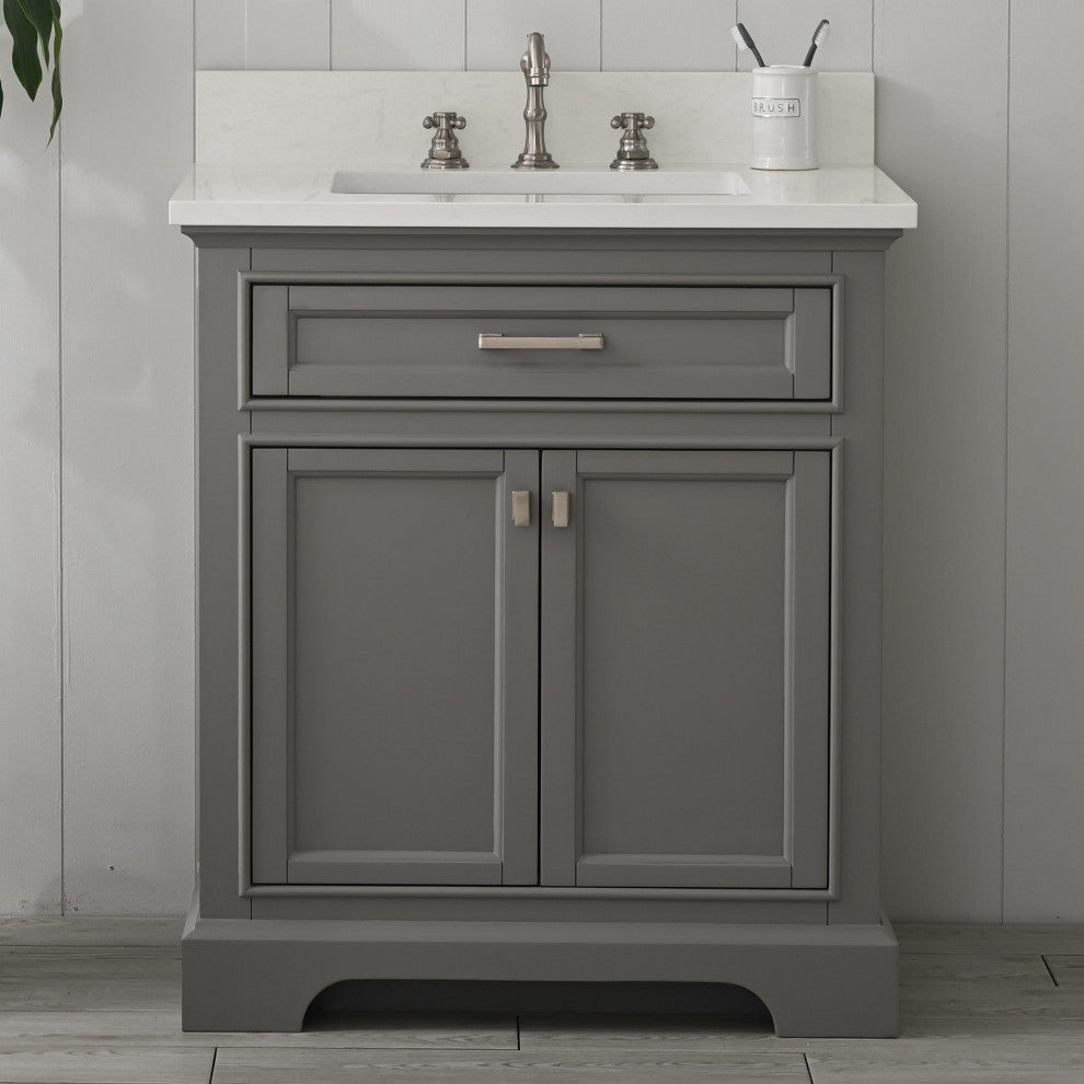 Milano Bathroom Vanity, Gray With White Quartz Top, Grey, 30", Non-Modular, Single Sink