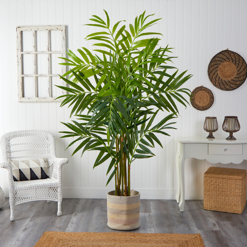 8' King Palm Artificial Tree, Handmade Natural Cotton Multicolored Woven Planter